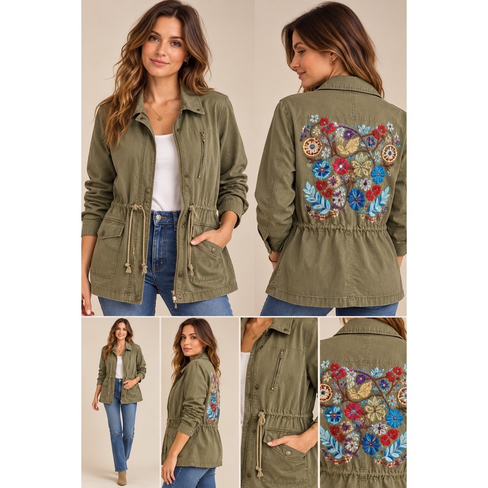 Hayden Los Angeles Olive Green Floral Embroidered Utility Anorak Jacket Boho L